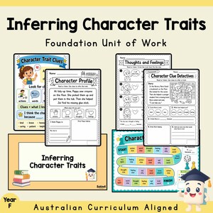 May include: A collection of educational worksheets titled Inferring Character Traits Foundation Unit of Work. The pages feature black and white text, illustrations of children, character profile templates, and a colourful board game layout.