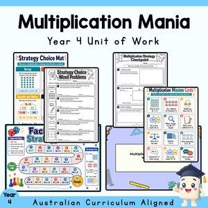 Puede incluir: Un conjunto de recursos educativos Multiplication Mania Year 4 Unit of Work que incluye hojas de trabajo, una alfombrilla de estrategias, problemas matemáticos, un punto de control y un juego de mesa con ecuaciones.