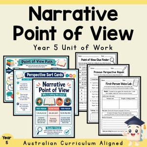 May include: A collection of educational worksheets titled Narrative Point of View Year 5 Unit of Work. The pages feature charts, tables, and exercises about first, second, and third person perspectives, including a cartoon character wearing a cap.