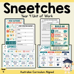 May include: A Year 4 educational unit of work titled Sneetches, featuring multiple printable worksheets. The pages include headers like How Authors Shape Our Response, Story Structure Snapshot, Build an Evidence-Based Response, and Craft.