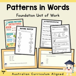 Op de afbeelding: Educatief materiaal getiteld Patterns in Words Foundation Unit of Work, met werkbladen zoals Word Pattern Detectives, Rhyme Match, Alliteration Detective en Pattern Detective Assessment met zwart-witte illustraties en tekst.