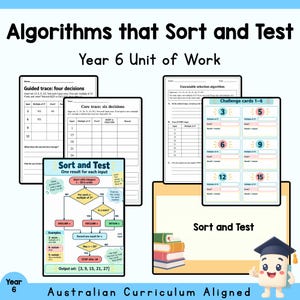 Puede incluir: Una colección de hojas de trabajo educativas tituladas Algorithms that Sort and Test Year 6 Unit of Work. Las páginas incluyen diagramas de flujo, tablas de seguimiento, algoritmos de selección y tarjetas de desafío con los números 3, 5, 6, 9, 12, 15.