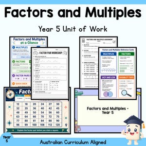 Könnte beinhalten: Eine Sammlung von Arbeitsblättern mit dem Titel Factors and Multiples Year 5 Unit of Work. Die Seiten enthalten einen Workshop zu Faktorenpaaren, eine Bewertung, Referenzkarten und ein Spielbrett mit einem Zahlenraster für den Mathematikunterricht.