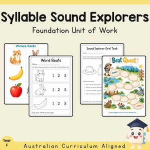 Puede incluir: Material educativo titulado Syllable Sound Explorers Foundation Unit of Work. Incluye tarjetas con imágenes de un gato, un plátano y una manzana, una hoja de trabajo Word Beats, una hoja Sound Explorer Oral Task y un juego Beat Quest.