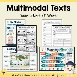 Könnte beinhalten: Eine Sammlung von Arbeitsblättern mit dem Titel Multimodal Texts Year 5 Unit of Work. Die Seiten enthalten ein Diagramm zu den sechs Modi, eine Comic-Aktivität, Forschungsnotizen, einen Entwurf zur Wildtierrettung, eine Meeresschildkröte und ein Spiel.