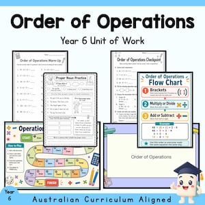 Puede incluir: Una colección de hojas de trabajo educativas y un juego de mesa titulado Order of Operations Year 6 Unit of Work. Los materiales incluyen problemas matemáticos, una hoja de práctica de nombres propios, un diagrama y un tablero de juego.