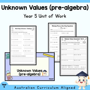 Pode incluir: Uma coleção de fichas educativas de matemática intitulada Unknown Values (pre-algebra) Year 5 Unit of Work. As páginas apresentam incógnitas de vários passos, equações de um passo e tarefas de avaliação com linhas em branco para respostas.