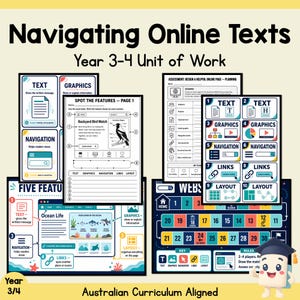 May include: Educational unit of work titled Navigating Online Texts for Year 3-4 students. The materials include worksheets, diagrams, and a board game featuring text, graphics, navigation, links, and layout concepts for website design.