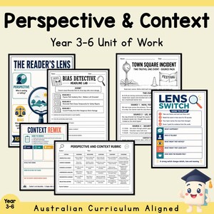 Puede incluir: Una colección de hojas de trabajo educativas tituladas Perspective & Context Year 3-6 Unit of Work. Los documentos incluyen The Reader's Lens, Bias Detective, Town Square Incident, Lens Switch, Context Remix y una Perspective and Context Rubric.
