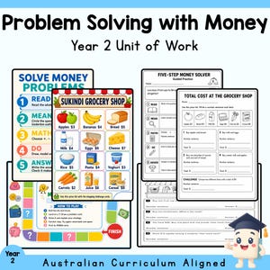 Può includere: Un'unità didattica per il secondo anno intitolata Problem Solving with Money, che include schede, un listino prezzi Sukindi Grocery Shop con alimenti, una guida Five-Step Money Solver e un gioco da tavolo colorato.