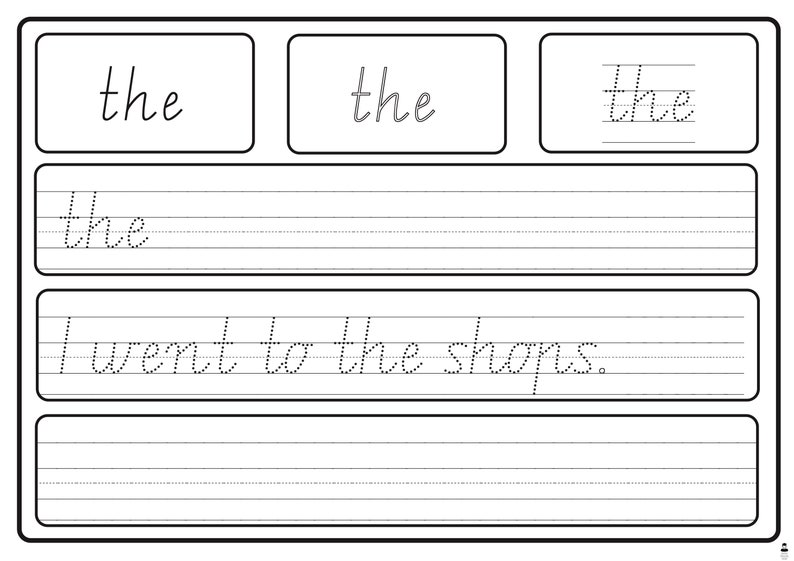 Puede incluir: Hoja de trabajo de pr&aacute;ctica de escritura a mano en blanco y negro con la palabra "the" escrita varias veces y la frase "I went to the shops."