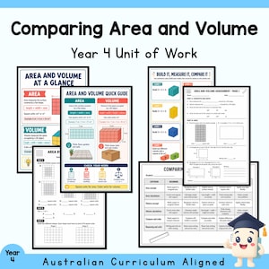 May include: A collection of educational worksheets titled Comparing Area and Volume Year 4 Unit of Work. The pages feature diagrams, definitions, and assessment tasks for calculating area and volume, including a cartoon character wearing a graduation cap.