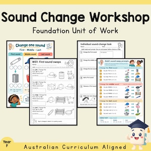 以下が含まれることがあります： Sound Change Workshop Foundation Unit of Workというタイトルの教育用ワークシート集。各ページには、最初の音の入れ替え、個別の音の変化タスク、大人向けのプロンプトなど、イラスト付きのフォニックス練習問題が掲載されています。