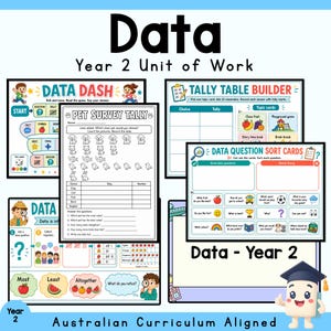 May include: A collection of educational worksheets titled Data Year 2 Unit of Work, featuring activities like Data Dash, Pet Survey Tally, Tally Table Builder, and Data Question Sort Cards with colourful illustrations and text for primary school pupils.