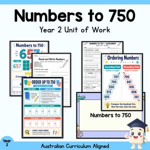 Puede incluir: Una colección de hojas de trabajo educativas y tarjetas de juego tituladas Numbers to 750 Year 2 Unit of Work. Los materiales incluyen páginas de evaluación, tablas de ordenación numérica y un tablero de juego con instrucciones para 2-4 jugadores, todo con gráficos y texto coloridos.