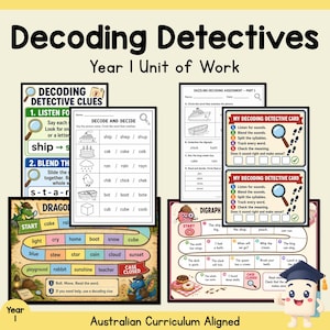 Può includere: Materiale didattico intitolato Decoding Detectives Year 1 Unit of Work che include schede di lavoro, tabelloni di gioco con percorsi di parole e carte da detective. Le pagine contengono illustrazioni di lenti d'ingrandimento, draghi e un personaggio.
