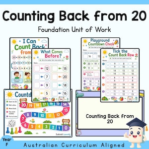 May include: Educational worksheets titled Counting Back from 20 Foundation Unit of Work. The pages feature colourful graphics, number lines, and games for maths practice. Text includes I Can Count Back, What Comes Before, and Playground Countdown Check.