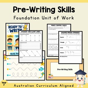 May include: A collection of educational worksheets titled Pre-Writing Skills Foundation Unit of Work. The pages feature tracing exercises for straight, slant, and wavy lines, pencil control checks, and shape drawing tasks with cartoon illustrations.