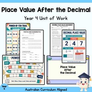 Op de afbeelding: Een lespakket voor groep 6 getiteld Place Value After the Decimal, met werkbladen, uitdagingskaarten en een bordspel. De materialen bevatten toetsen over decimale plaatswaarden, modellen voor tienden en honderdsten en een stripfiguur met een afstudeerhoed.