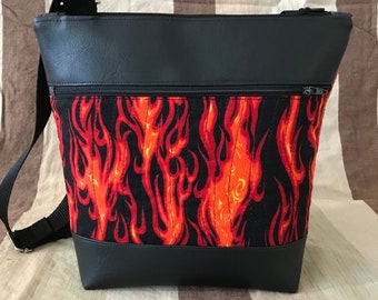 Flaming Hot! Crossbody Bag/Purse - Leather* Accents, Secure Zipper Closure, Outside Zipper Pocket and Adjustable Strap