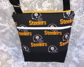 Pittsburgh Steelers Crossbody BagPurse Front Zipper Pocket and Adjustable Strap Black Helmet on Black with Secure Zipper Closure