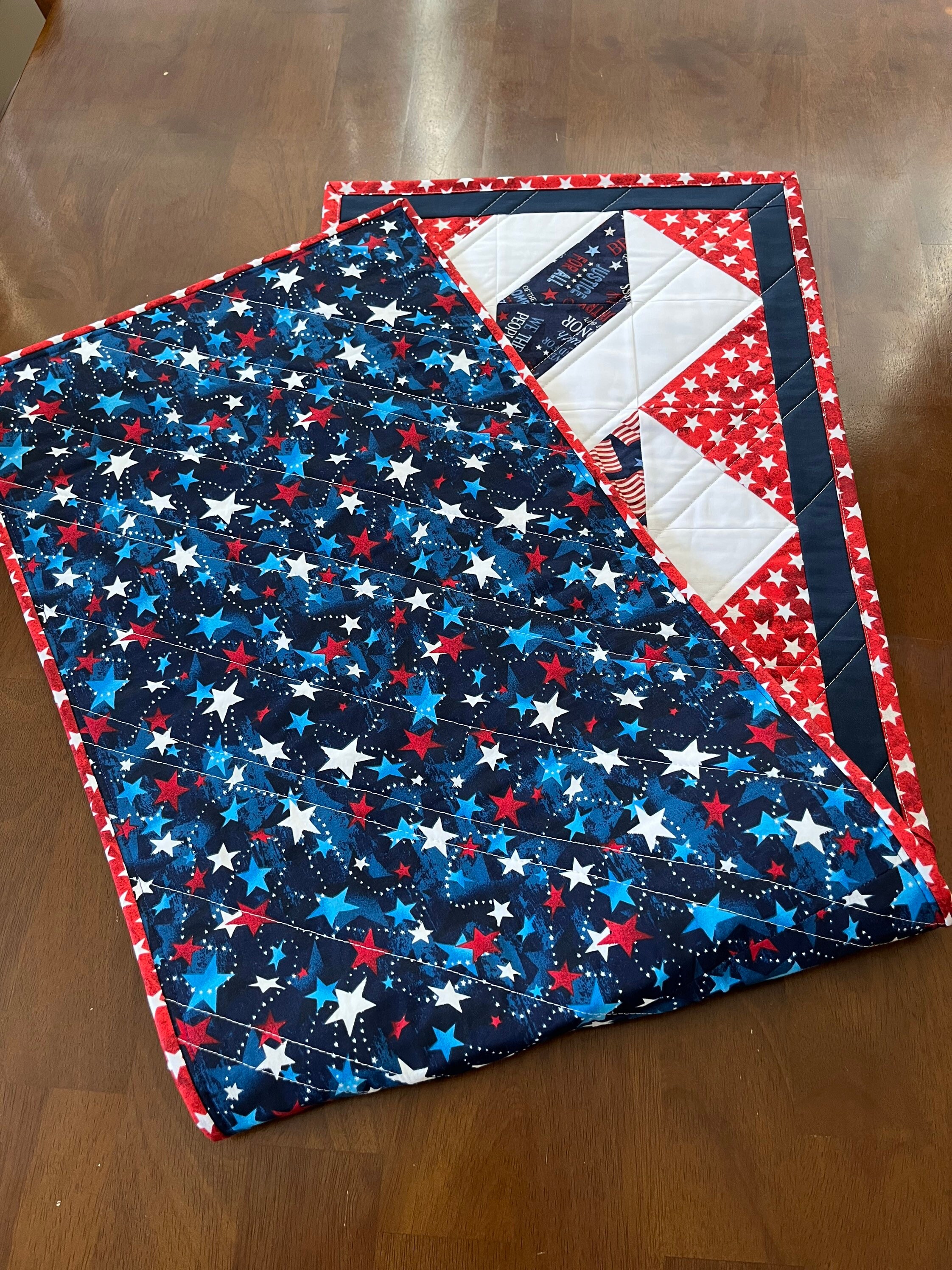 America Patriotic Quilted Table Runner - 48" Long - Red, White & Blue ...