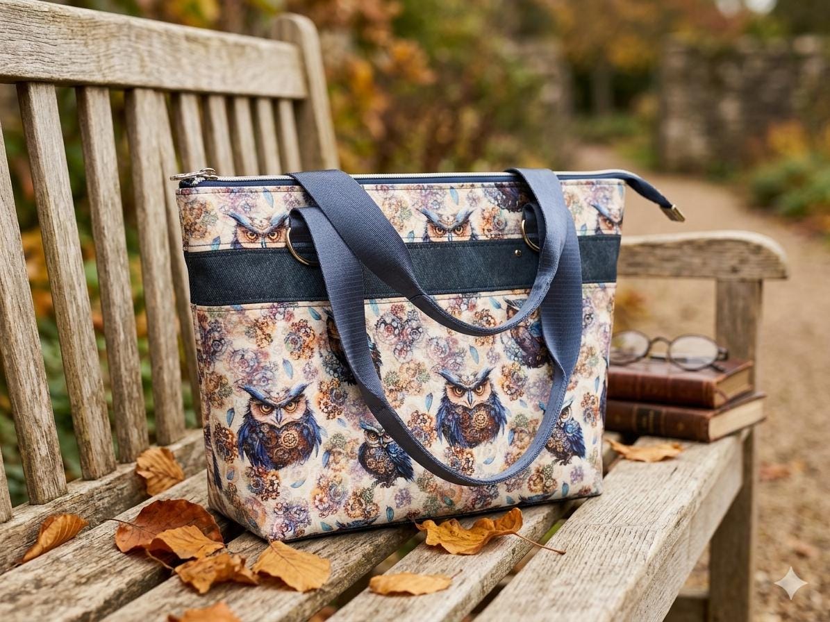 Steampunk Owl Handcrafted Swiftly Zip Tote | 14.5" Wide Base