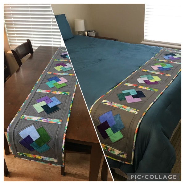 80" Quilted Runner - Table Runner or Bed Runner - Muted Jewel Tones w/Grey and White Accents - Reversible and Machine Washable