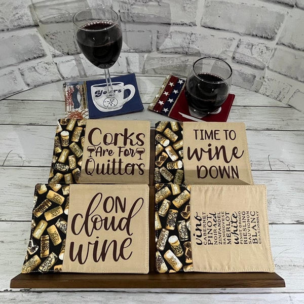 Wine Lover Edition 2, Quilted Mug Rugs - Set of 4 - Coasters, Snack Mats, Drink Holders, Drink Mats, Fabric Coasters, Gifts for All