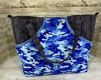 Workout/Weekender Bag, Kickin Camo Blues: Carry-On, Travel Tote Bag, Divided Lining, Magnetic Snaps, 6 Pockets Total