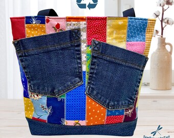 Bolso de hombro Blue Jeans: Denim reciclado/reutilizado, diseño de patchwork scrappy, acolchado, bolso, bolso de mano, regalos para ella