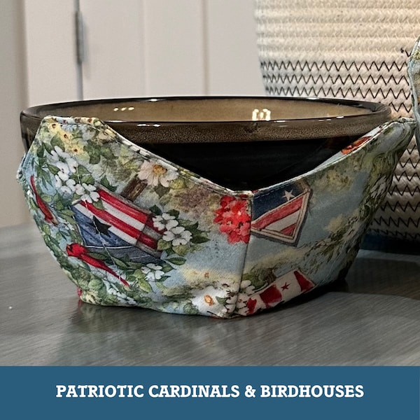 Patriotic Cardinal Birdhouse Bowl Cozy - 100% Cotton - Microwave Safe, Soup Bowl Holder, Ice Cream Holder, Curved Hot Pad, Gifts for All