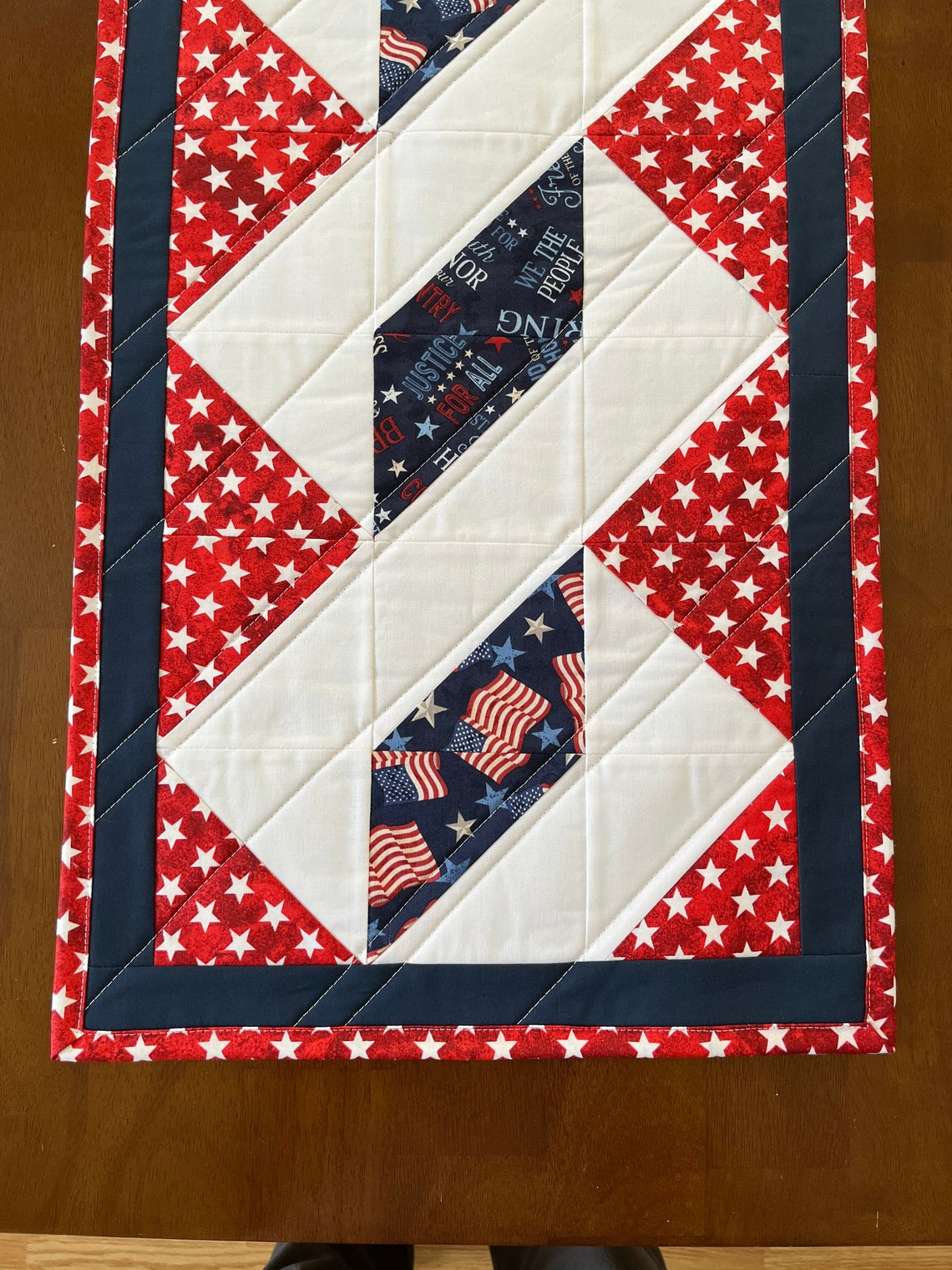 America Patriotic Quilted Table Runner - 48" Long - Red, White & Blue ...