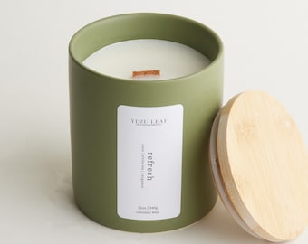 Refresh | Yuzu, Bergamot, White Tea Scented Ceramic Deluxe 12oz Jar Candle | Coconut Wax | Sage Green | Wooden Wick | Luxury Scent | Hotel