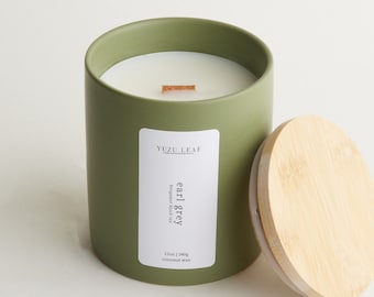 Earl Grey | Bergamot & Black Tea Scented Ceramic Deluxe Jar Candle | Wooden Wick | Coconut Wax | Sage Green Jar | Tea Inspired Scent