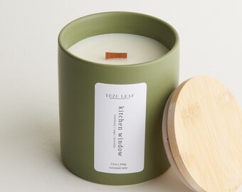 Kitchen Window | Lavender, Sage & Rosemary Ceramic Deluxe Candle | Crackling Wooden Wick | Coconut Wax | Sage Green Jar | Herbal Candle