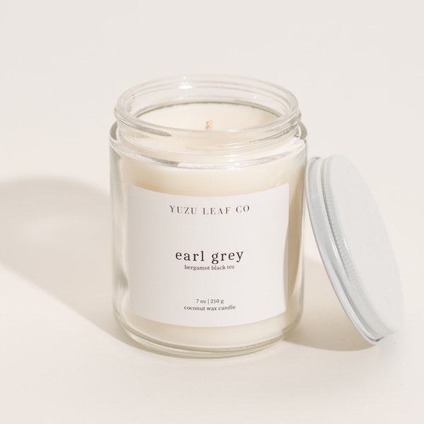 Earl Grey | Bougie parfumée à la bergamote et au thé noir | 7 oz de cire de noix de coco | Mèche de coton | Légèrement parfumée | Parfum de thé | Luxe | Parfum apaisant