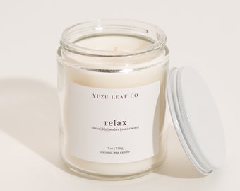 Relax | Lily, Amber, Sandalwood & Citrus Scented Candle | 7oz Coconut Wax | Cotton Wick | Herb Scented | Relaxing Spa Scent | Self Care