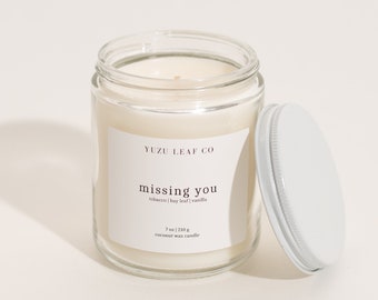 Missing You | Tobacco, Vanilla, Bay Leaf Scented Candle | 7oz Coconut Wax | Cotton Wick | Unisex Scent | Musky | Fresh | Clean Scent