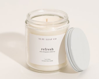 Refresh | Yuzu, Bergamot, White Tea Scented Candle | 7oz Coconut Wax | Cotton Wick | Lightly Scented | Tea Scent | Luxury | Hotel Scent