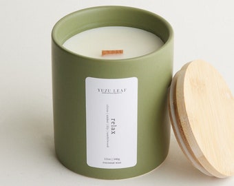 Relax | Lily, Amber, Citrus, Sandalwood | Ceramic Deluxe Jar Candle | Wooden Wick | Coconut Wax | Sage Green Jar | Relaxing Spa Scent