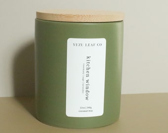 Kitchen Window | Lavender, Sage & Rosemary Ceramic Deluxe Candle | Crackling Wooden Wick | Coconut Wax | Sage Green Jar | Herbal Candle