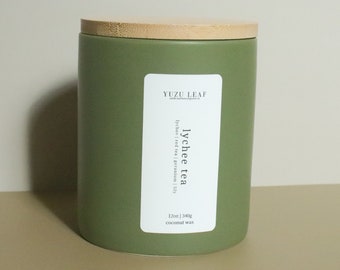 Lychee Tea | Lychee Scented Ceramic Deluxe Candle | Crackling Wooden Wick | Coconut Wax | Sage Green Jar | Fruity | Asian Scents | Realistic