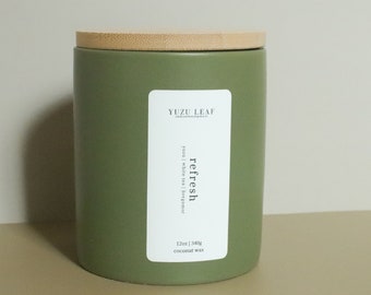 Refresh | Yuzu, Bergamot, White Tea Scented Ceramic Deluxe 12oz Jar Candle | Coconut Wax | Sage Green | Wooden Wick | Luxury Scent | Hotel