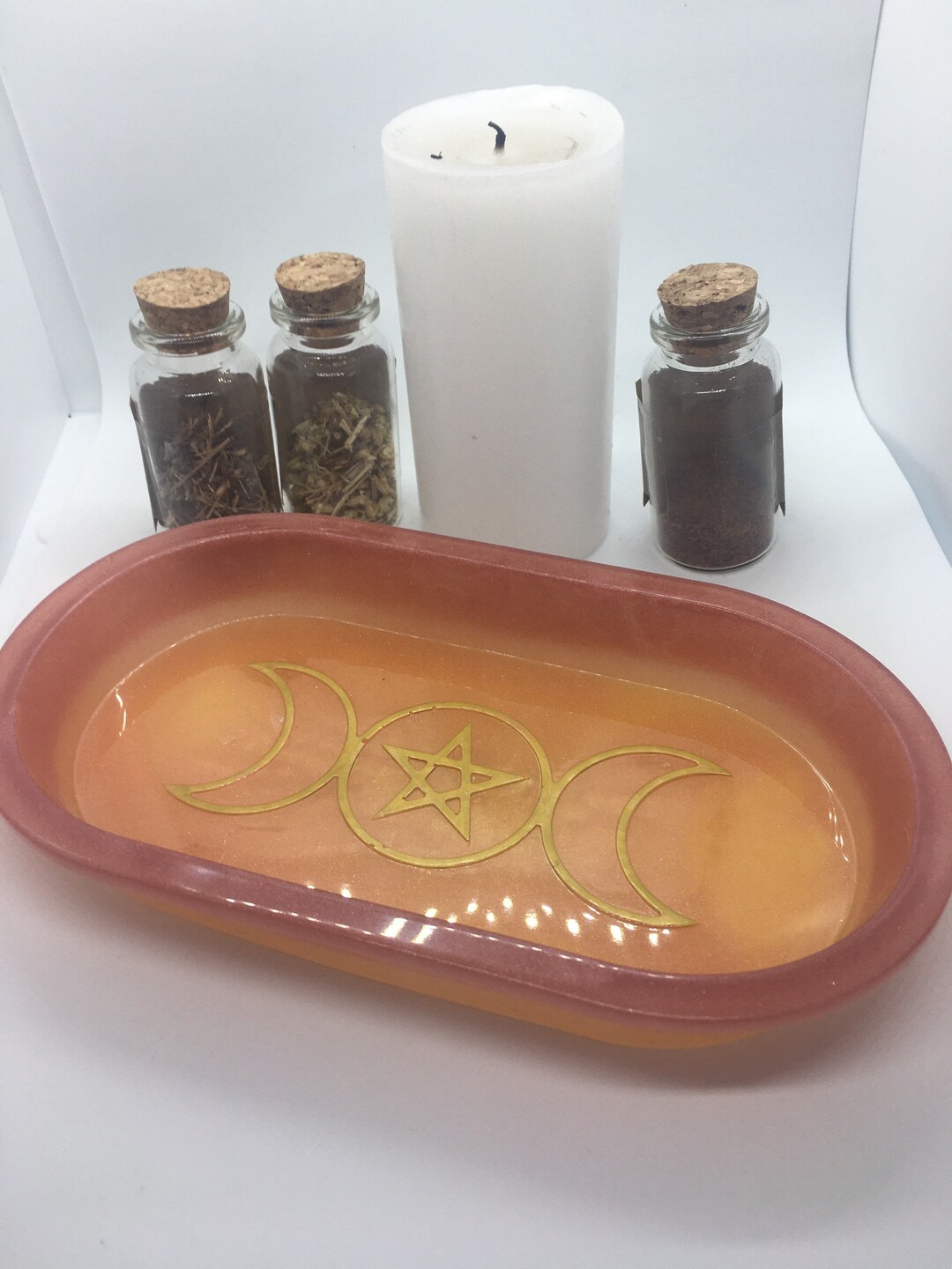 Triple moon dish, pentagram trinket dish, witchcraft tool, altar dish