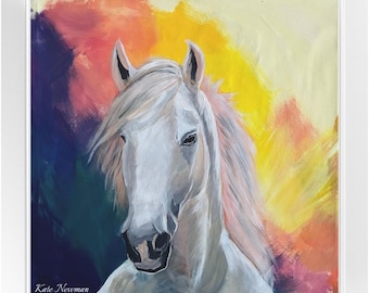 White Horse Wall Art-White Frame, Horse Art, White Horse Painting