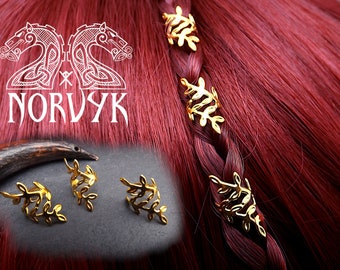 3 Nordic Celtic golden leaf metal hair beads for braids.