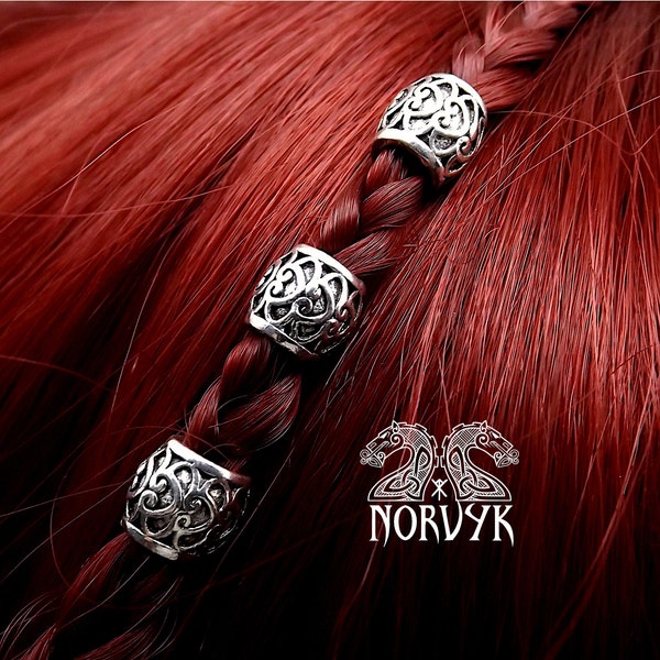 3 Perles à cheveux viking ou à barbe nordique en métal couleur argent et noire.