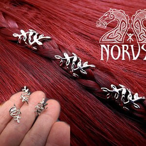 3 Viking hair beads in fine silver metal leaves for small braids that can be spread and tightened. Hair Beads