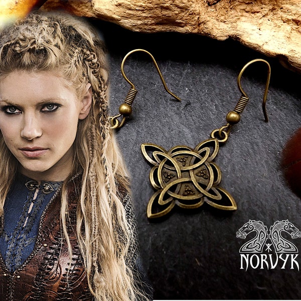 Boucles d'oreilles vikings inspiration Lagertha montées à la main couleur bronze en métal orné.